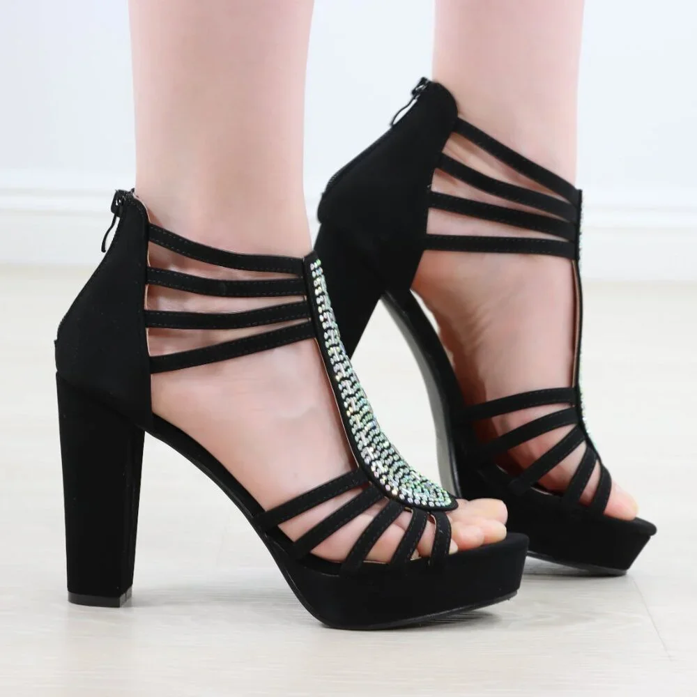 Black Rhinestone T-Strap Platform Sandals Women’s Block Heel Evening Party Shoes - Picture 11 of 15
